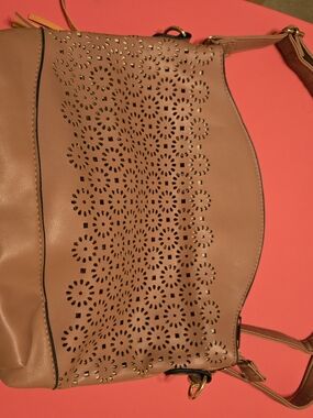 Laser-Cut Floral Shoulder Bag in Tan